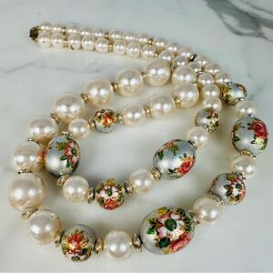 Vintage Faux Pearl & Hand Painted Floral Beaded Statement Necklace Gold Tone 26”